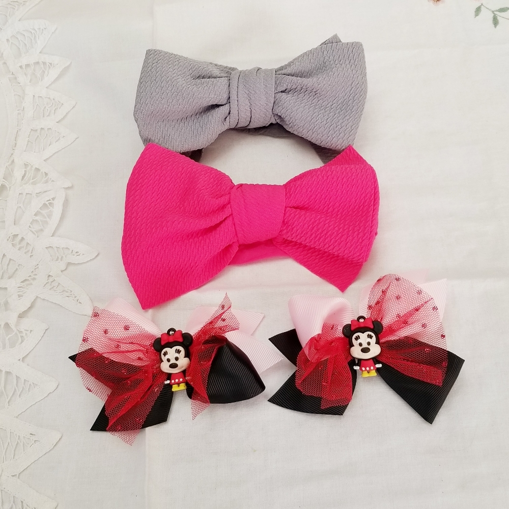 Minnie Kid's Bows and stretch headbands. 4 pieces